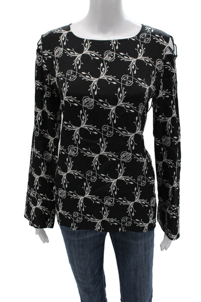 Dorothee Schumacher Women Black Floral Boat Neck Long Sleeve Blouse Size 3