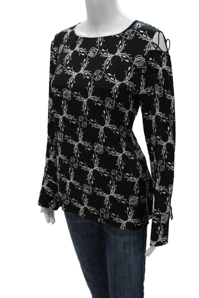 Dorothee Schumacher Women Black Floral Boat Neck Long Sleeve Blouse Size 3