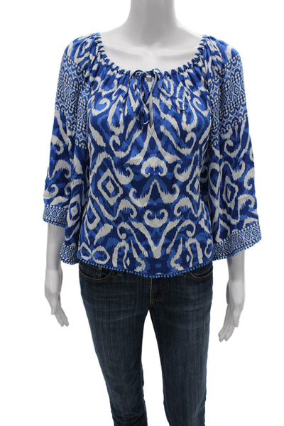 Alice + Olivia Women Blue Geometric Off the Shoulder Blouse 3/4 Sleeve Size M