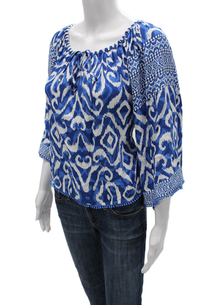 Alice + Olivia Women Blue Geometric Off the Shoulder Blouse 3/4 Sleeve Size M