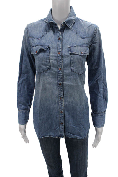 Current/Elliott Women Button-Up Shirt Blue Long Sleeve Cotton Size 1