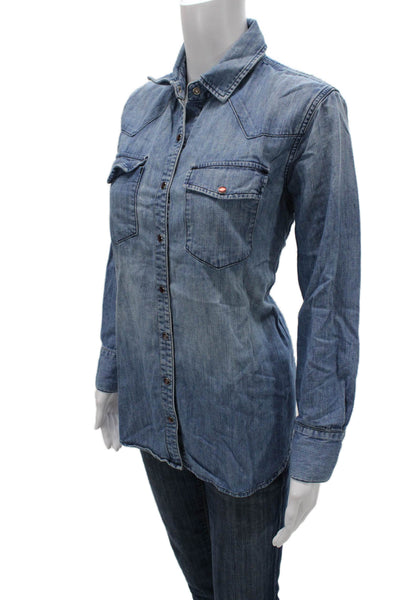 Current/Elliott Women Button-Up Shirt Blue Long Sleeve Cotton Size 1