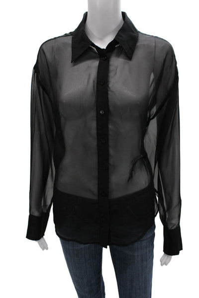 ASTR Women Basic Collared Long Sleeve Button Up Polyester Top Black Size S