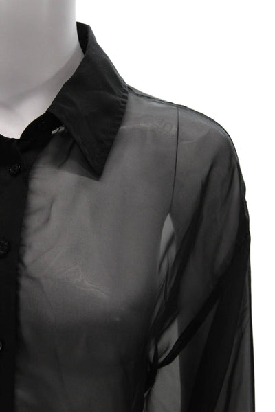 ASTR Women Basic Collared Long Sleeve Button Up Polyester Top Black Size S