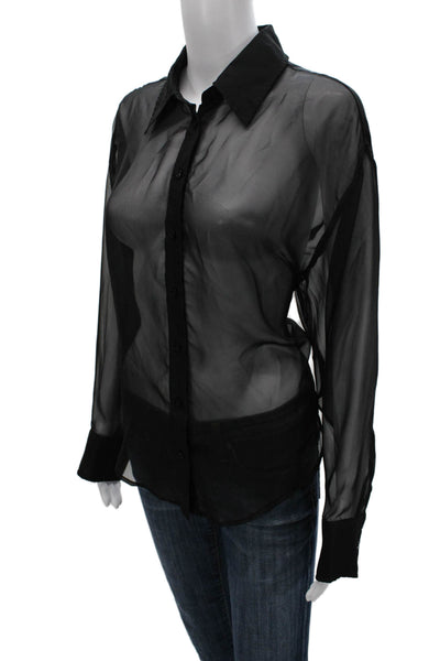 ASTR Women Basic Collared Long Sleeve Button Up Polyester Top Black Size S