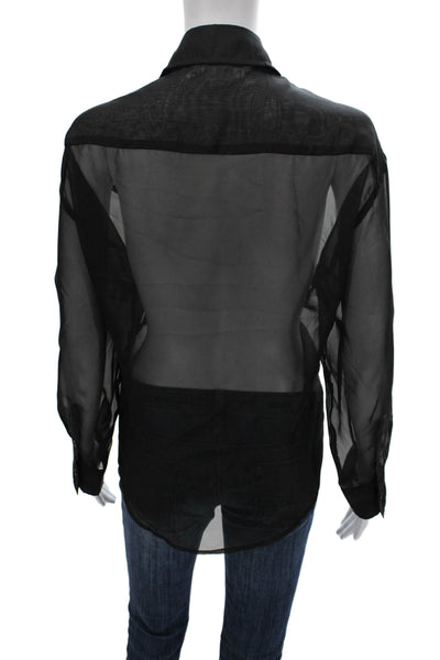 ASTR Women Basic Collared Long Sleeve Button Up Polyester Top Black Size S