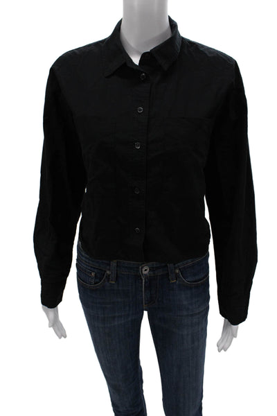Madewell Women Collared Black Cotton Long Sleeve Button-Up Top Size S