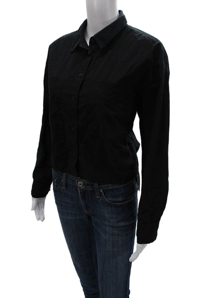 Madewell Women Collared Black Cotton Long Sleeve Button-Up Top Size S