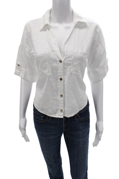 Zara Women Collared Short Sleeve Button Up White Linen Blend Top Size XS