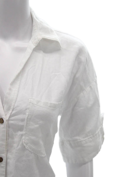 Zara Women Collared Short Sleeve Button Up White Linen Blend Top Size XS