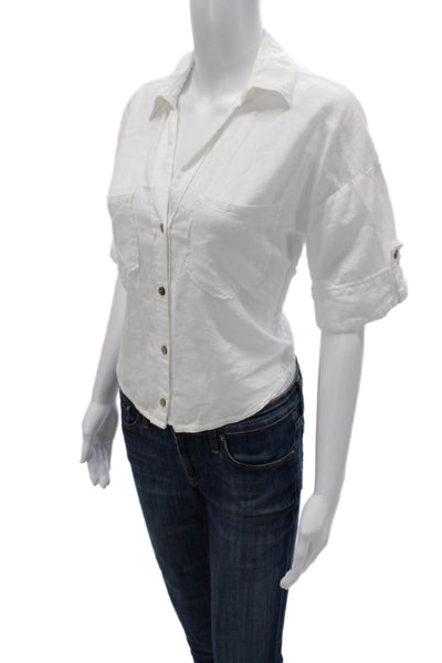 Zara Women Collared Short Sleeve Button Up White Linen Blend Top Size XS