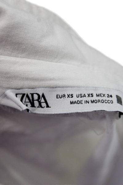 Zara Women Collared Short Sleeve Button Up White Linen Blend Top Size XS