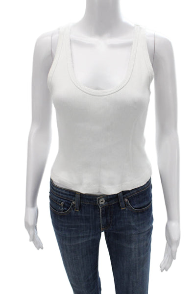 Amo Women Basic Sleeveless Tank Scoop Neck Solid White Cotton Size S