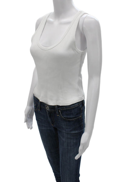Amo Women Basic Sleeveless Tank Scoop Neck Solid White Cotton Size S