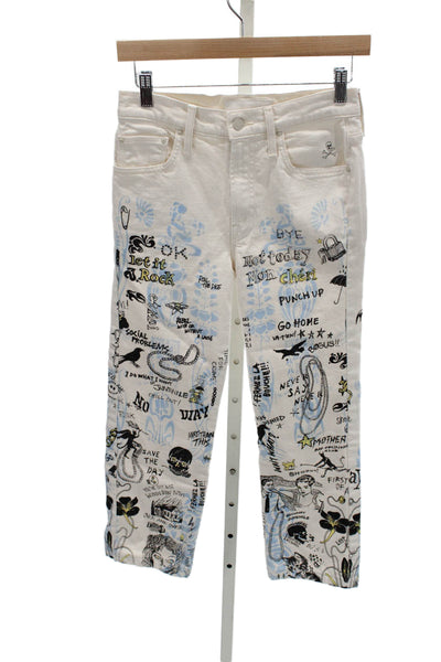 Mother Superior Women Straight Jeans White Floral Cotton Blend Zip Size 24