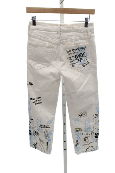 Mother Superior Women Straight Jeans White Floral Cotton Blend Zip Size 24