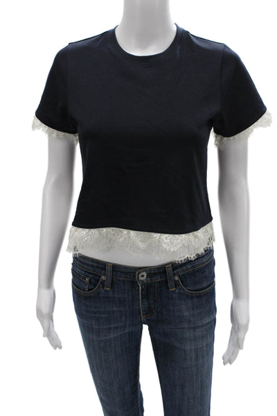 Cinq A Sept Women Cropped T-Shirt Blue Crew Neck Short Sleeve Size 2XS