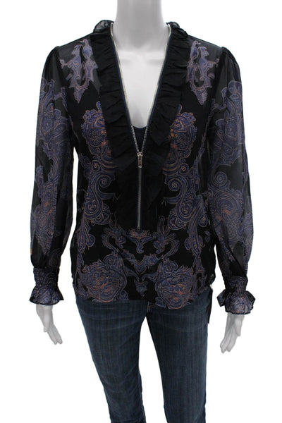 Futario Women Bohemian Silk Blend V-Neck Long Sleeve Zip Blouse Black Size XS