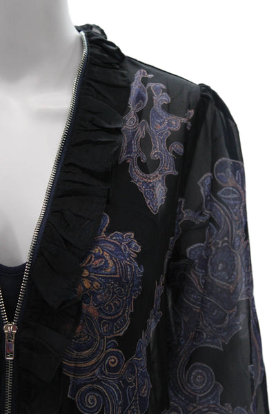 Futario Women Bohemian Silk Blend V-Neck Long Sleeve Zip Blouse Black Size XS