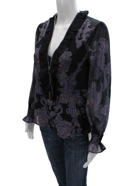 Futario Women Bohemian Silk Blend V-Neck Long Sleeve Zip Blouse Black Size XS