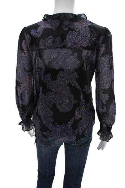Futario Women Bohemian Silk Blend V-Neck Long Sleeve Zip Blouse Black Size XS
