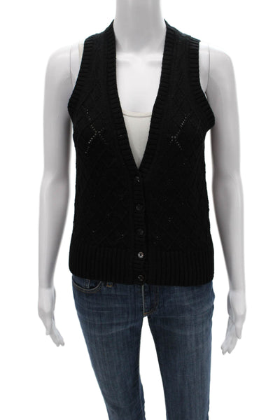 Feller Women V-Neck Sleeveless Argyle Cotton Vest Sweater Black Size XS
