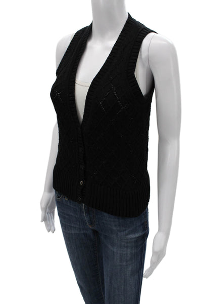 Feller Women V-Neck Sleeveless Argyle Cotton Vest Sweater Black Size XS