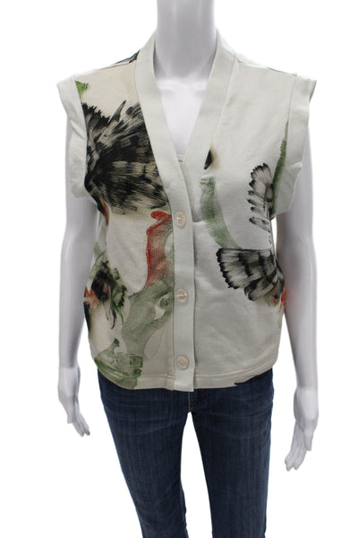 The Kit Womens Cardigan White Cotton V-Neck Floral Button Size XS