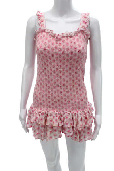 Love Shack Fancy Women Pink Floral Sleeveless Square Neck Playsuit Size PP