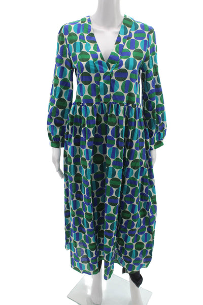 Zara Women Maxi Dress Multicolor V-Neck Long Sleeve Geometric Cotton Size XS