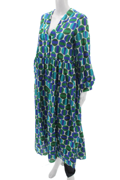 Zara Women Maxi Dress Multicolor V-Neck Long Sleeve Geometric Cotton Size XS