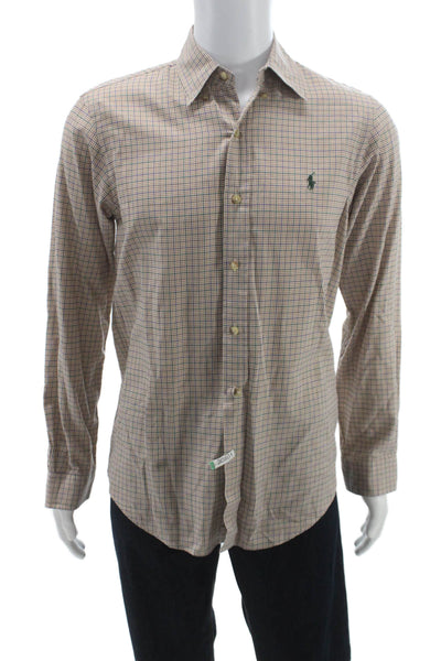 Ralph Lauren Blue Label Mens Beige Plaid Cotton Button-Up Dress Shirt Size S