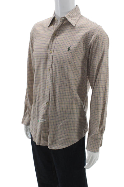 Ralph Lauren Blue Label Mens Beige Plaid Cotton Button-Up Dress Shirt Size S