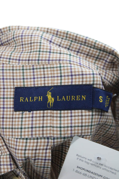 Ralph Lauren Blue Label Mens Beige Plaid Cotton Button-Up Dress Shirt Size S