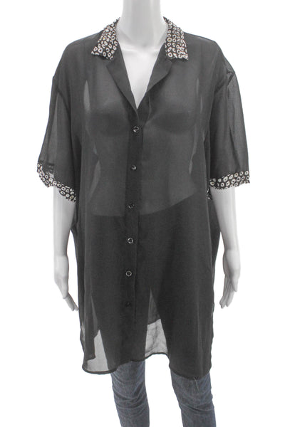 Gottex Women Tunic Button-Up Short Sleeve Black Geometric Size L