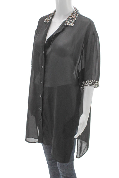 Gottex Women Tunic Button-Up Short Sleeve Black Geometric Size L
