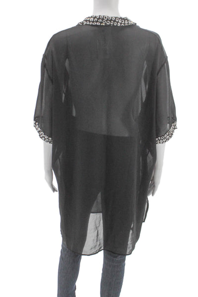 Gottex Women Tunic Button-Up Short Sleeve Black Geometric Size L