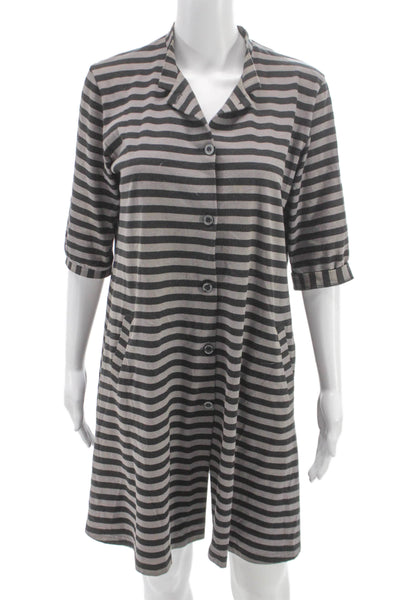Marimekko Women Shirt Dress Gray Striped Cotton 3/4 Sleeve Size L