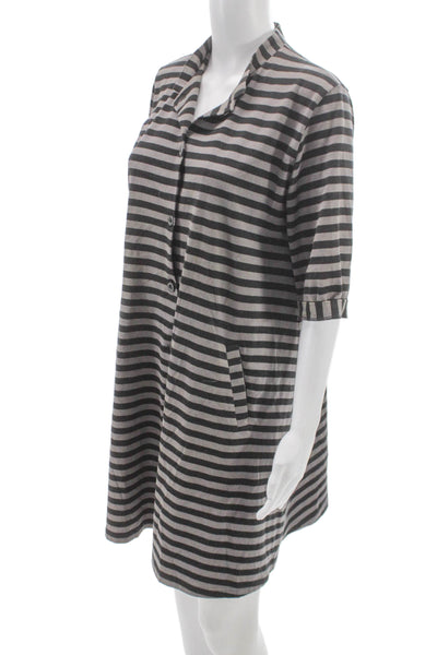 Marimekko Women Shirt Dress Gray Striped Cotton 3/4 Sleeve Size L