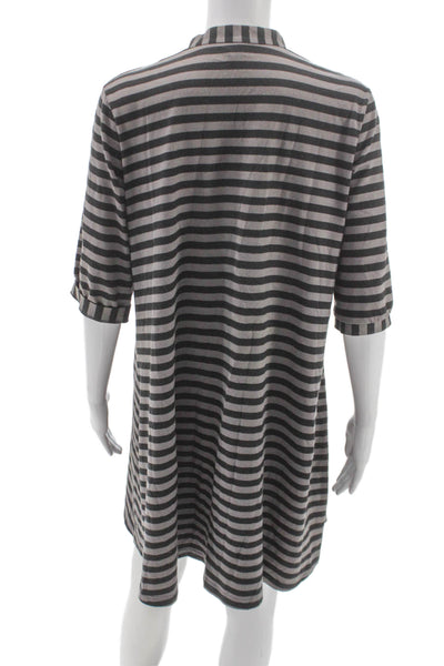 Marimekko Women Shirt Dress Gray Striped Cotton 3/4 Sleeve Size L