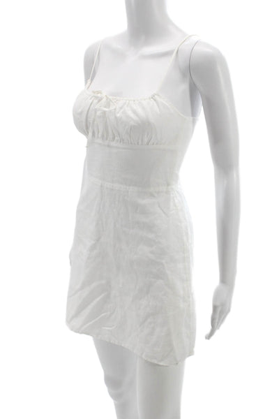 Sunday Best Women Mini Linen Dress White Square Neck Sleeveless Size XS