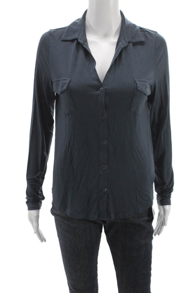Majestic Filatures Women Blue Viscose Button-Up Blouse Long-Sleeve Size 2