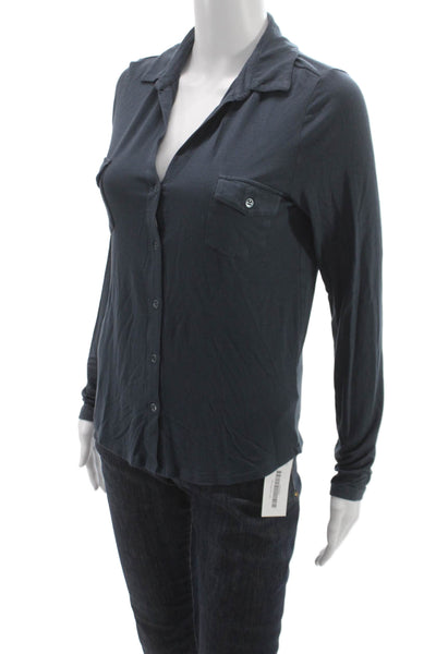 Majestic Filatures Women Blue Viscose Button-Up Blouse Long-Sleeve Size 2