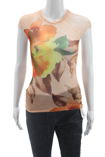 AFRM Womens Multicolor Floral Mesh T-Shirt Round Neck Short Sleeve Size XS