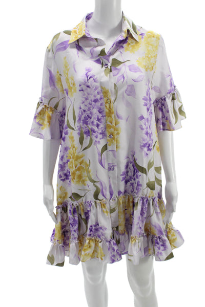 Paola Zuin Women White Silk Shirt Dress Short Sleeve Collared Button Size 40