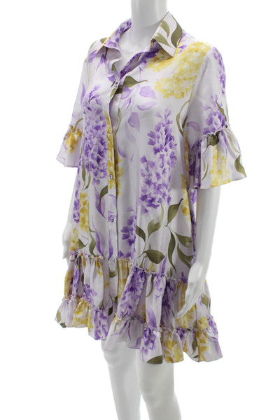 Paola Zuin Women White Silk Shirt Dress Short Sleeve Collared Button Size 40