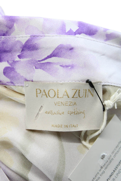 Paola Zuin Women White Silk Shirt Dress Short Sleeve Collared Button Size 40