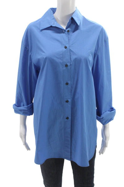 QL2 Womens Blue Cotton Collared Button Up Tunic Long Sleeve Solid Size 48