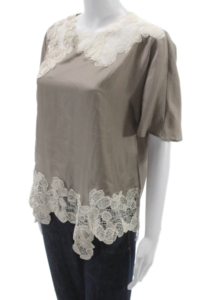 QL2 Womens Silk Gray Round Neck Short Sleeve Basic Blouse Size 42
