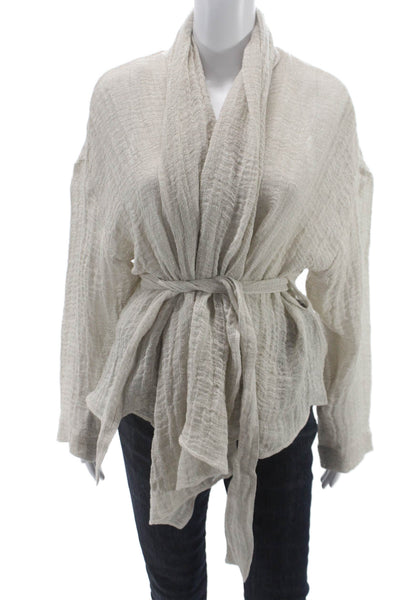 QL2 Womens Kimono Blouse Beige Linen Cowl Neck Tie Long Sleeve Size 42